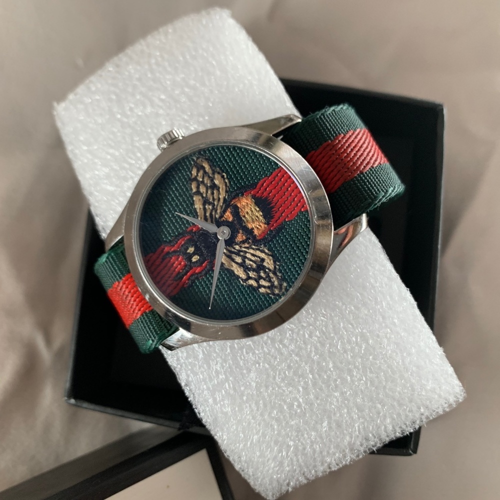 Authentic Gucci Bee-Embroidered Nylon Web Watch